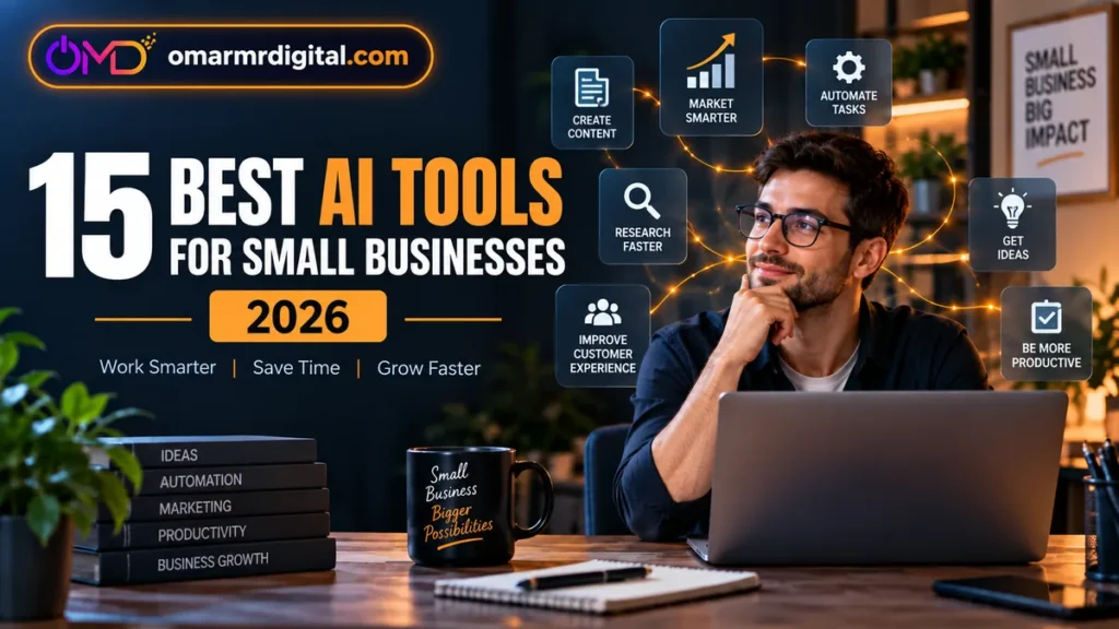 15 Best AI Tools for Small Business in 2026 with entrepreneur using a laptop and AI productivity icons