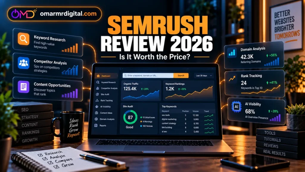 Semrush Review 2026 showing keyword research, competitor analysis, site audit, rank tracking and AI visibility tools