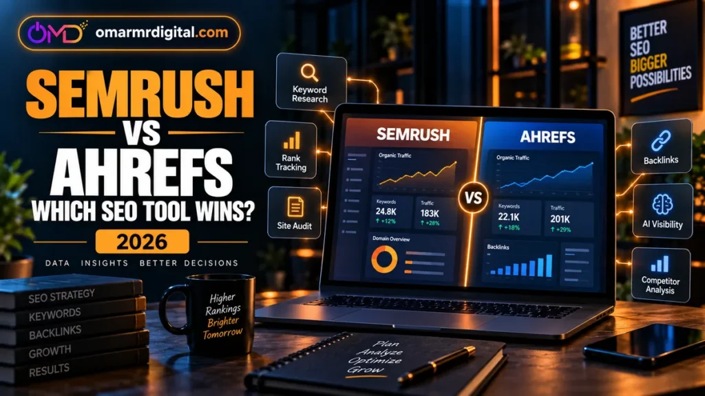 Semrush vs Ahrefs 2026 comparison for keyword research, backlinks, rank tracking, site audits and AI search visibility