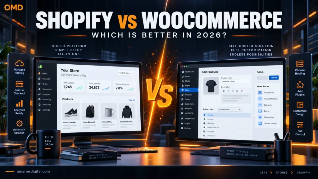 Shopify vs WooCommerce comparison showing hosted ecommerce simplicity and customizable self-hosted store control