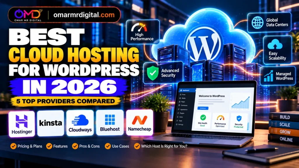 Best cloud hosting for WordPress in 2026 comparing Hostinger, Kinsta, Cloudways, Bluehost and Namecheap – OmarMrDigital