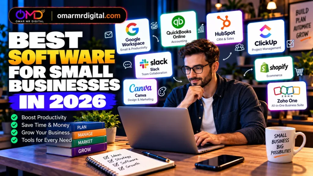 Best software for small businesses in 2026 including Google Workspace, QuickBooks, HubSpot, ClickUp, Slack, Canva, Shopify and Zoho – OmarMrDigital