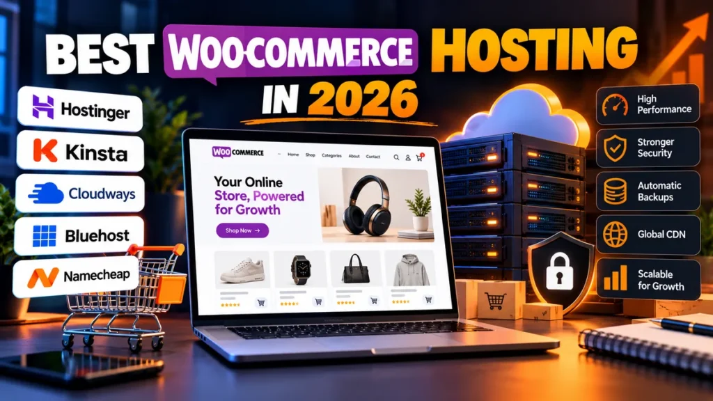 Best WooCommerce hosting in 2026 comparing Hostinger, Kinsta, Cloudways, Bluehost and Namecheap for performance, security, backups and scalability