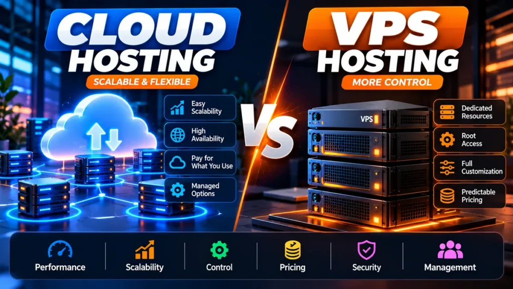 Cloud hosting vs VPS hosting comparison in 2026 for performance, scalability, control, pricing, security and management