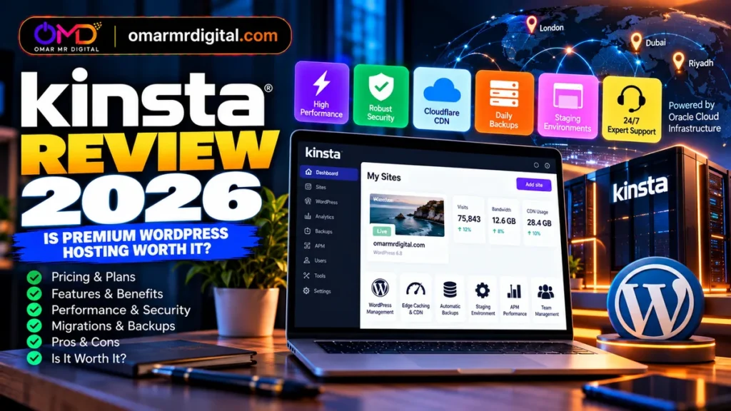 Kinsta Review 2026 covering managed WordPress hosting, pricing, performance, security, Cloudflare CDN, backups and features – OmarMrDigital
