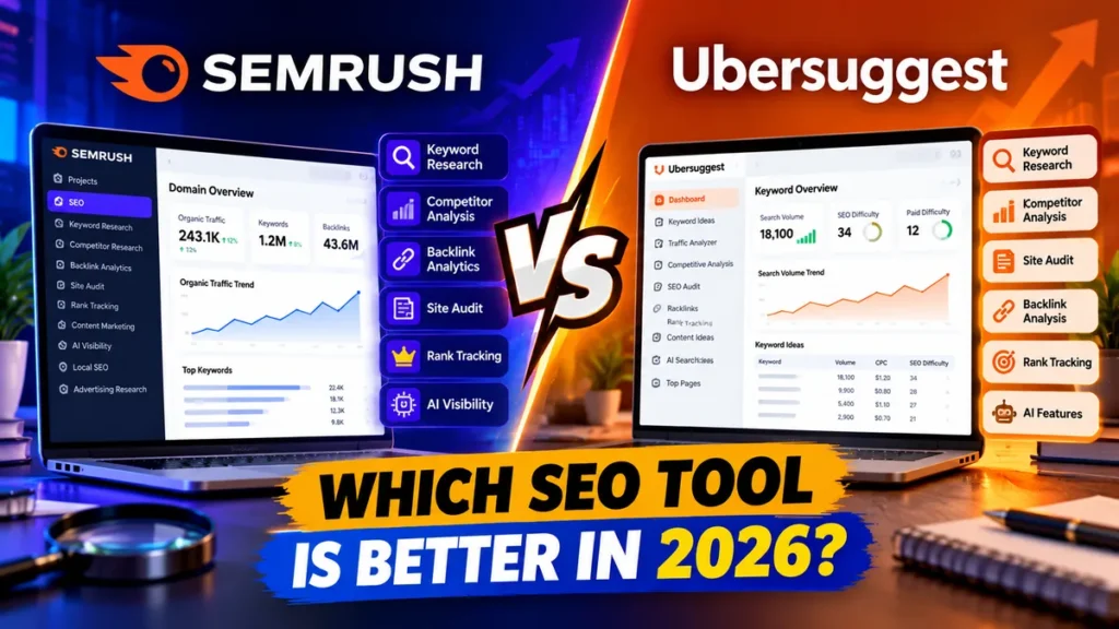 Semrush vs Ubersuggest 2026 comparison for keyword research, competitor analysis, site audits, backlinks, rank tracking and AI visibility – OmarMrDigital